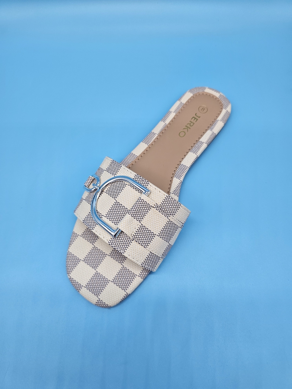 Beeko Women's Beige Check Slide Sandal with Silver Buckle - Picture 4 of 5
